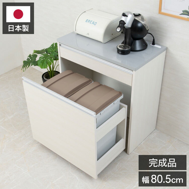 ダストボックス キッチンカウンター 幅80.5cm ホワイトウォッシュ 日本製 完成品 2分別 45リットル 引き出し付き ゴミ箱 ごみ箱 レンジ台 ダストカウンター キッチン収納 隠す収納(代引不可)【送料無料】