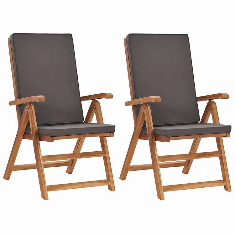vidaXL リクライニングガーデンチェア クッション付き 2点 チーク無垢材 グレー 家具 アウトドア家具 屋外椅子 アウトドアベンチチェア｜リコメン堂インテリア館