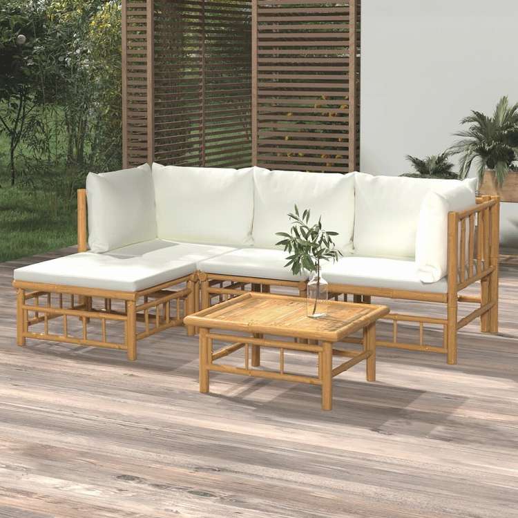 vidaXL ガーデンラウンジ5点セット クリームホワイトクッション付き 竹製家具 アウトドア家具 屋外家具セット(代引不可)｜リコメン堂インテリア館 40,970円