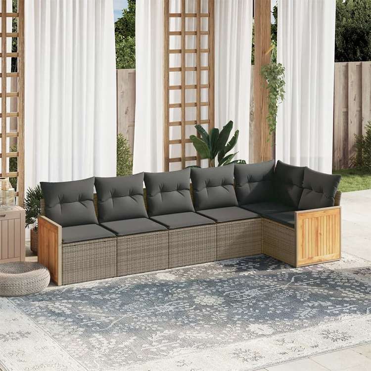 vidaXL ガーデンソファ6点セット クッション付き グレー ポリラタン製家具 アウトドア家具 屋外家具セット(代引不可)|リコメン堂インテリア館
