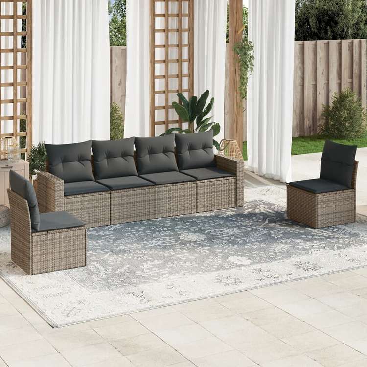 vidaXL ガーデンソファ6点セット クッション付き グレー ポリラタン製家具 アウトドア家具 屋外家具セット(代引不可)|リコメン堂インテリア館