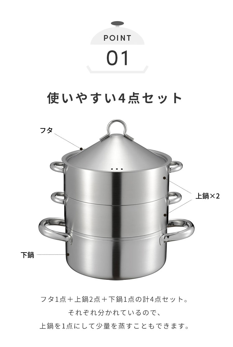 日本製造 燕三條 易於清潔！ 18cm三層不鏽鋼蒸籠 瓦斯爐電磁爐適用 蒸籠組 全不鏽鋼 易於使用 兩層三層蒸籠 蒸肉包 蔬菜蒸籠 [包郵]