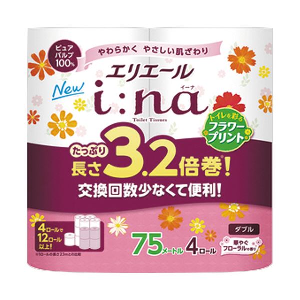 (まとめ）大王製紙 エリエールi：na（イーナ）トイレットティシュー 3.2倍巻 フラワープリント ダブル 芯あり 75m 1セット（64ロール：4ロール×16パック）【×5セット】