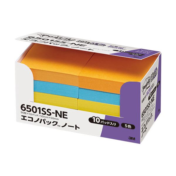 (まとめ) 3M ポストイット エコノパック 強粘着ノート 50&times;50mm ネオンカラー5色 6501SS-NE 1パック（10冊） 【&times;10セット】 (代引不可)｜リコメン堂生活館 15,409円