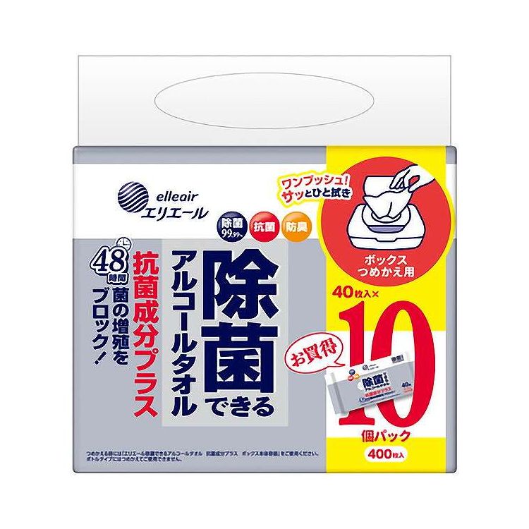 【単品10個セット】 エリエール 除菌できるアルコールタオル 抗菌成分プラス ボックスつめかえ用 40枚&times;10P(代引不可)【送料無料】｜リコメン堂生活館