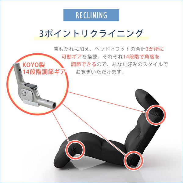 日本製リクライニング座椅子(布地、レザー)14段階調節ギア、転倒防止機能付き|Moln-モルン-Downtype(代引き不可)