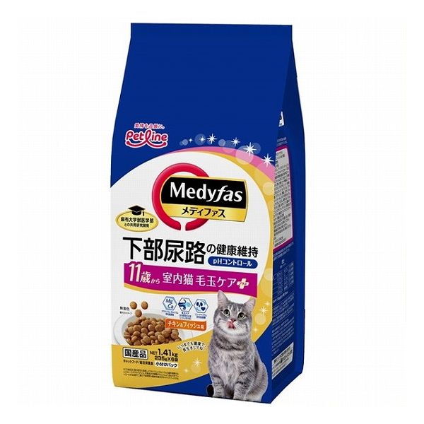 【6個セット】 ペットライン メディファス 室内猫 毛玉ケアプラス 11歳から チキン&フィッシュ味 1.41kg(235g×6)【送料無料】