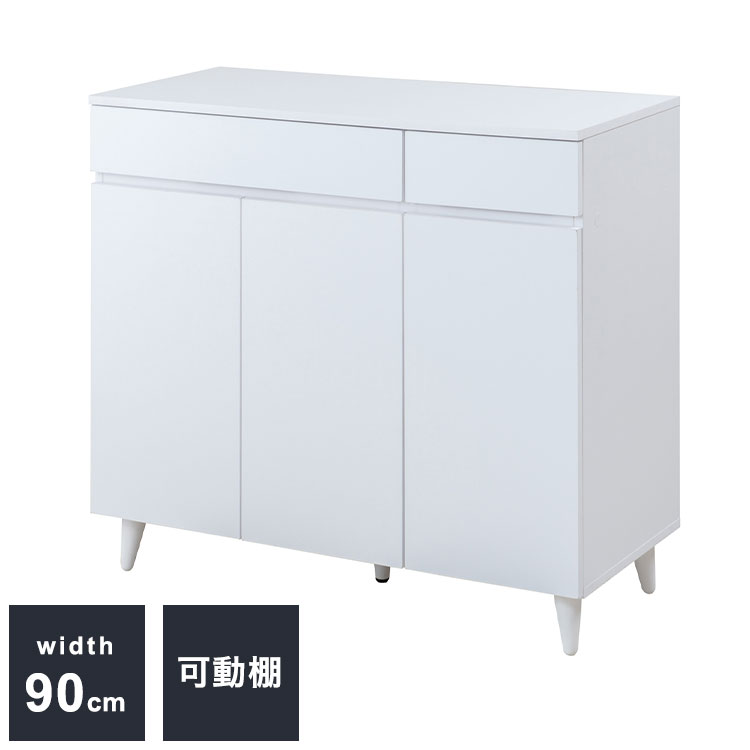 WHITE LIV 幅90 奥行40 高さ80 キャビネット リビングボード ホワイト フレンチシャビー 本棚 棚 サイドボード リビング 家具 キッチン 引き出し付き お洒落 木製 収納棚 扉付き 扉付 おしゃれ 収納(代引不可)【送料無料】|リコメン堂生活館