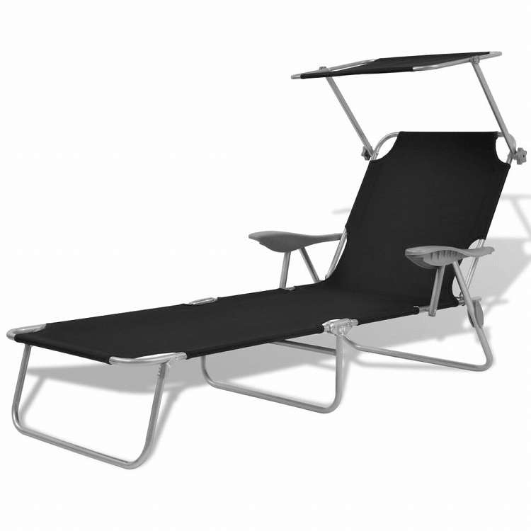vidaXL サンラウンジャー キャノピー付き スチール製 ブラック家具 アウトドア家具 屋外椅子 サンラウンジャー(代引不可)