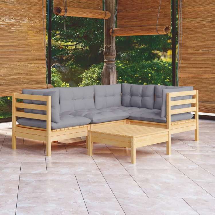 vidaXL ガーデンラウンジセット 5点 グレークッション付き パインウッド家具 アウトドア家具 屋外家具セット(代引不可)|リコメン堂生活館