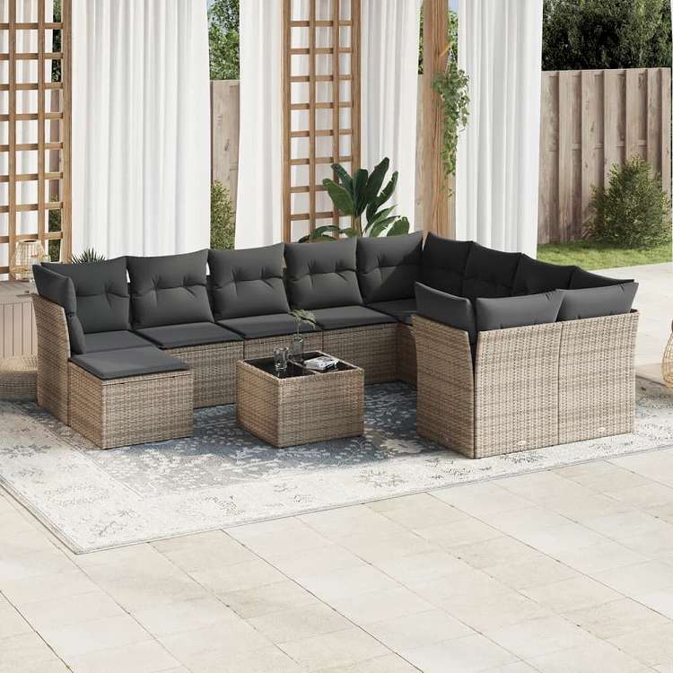 vidaXL ガーデンソファ11点セット クッション付き ポリラタン製 グレー家具 アウトドア家具 屋外家具セット(代引不可)|リコメン堂生活館
