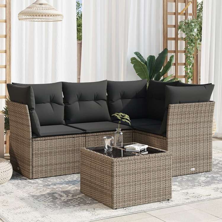 vidaXL ガーデンソファ5点セット クッション付き グレー ポリラタン製家具 アウトドア家具 屋外家具セット(代引不可)|リコメン堂生活館