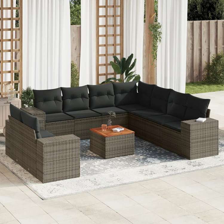 vidaXL ガーデンソファ10点セット クッション付き ポリラタン製 グレー家具 アウトドア家具 屋外家具セット(代引不可)|リコメン堂生活館