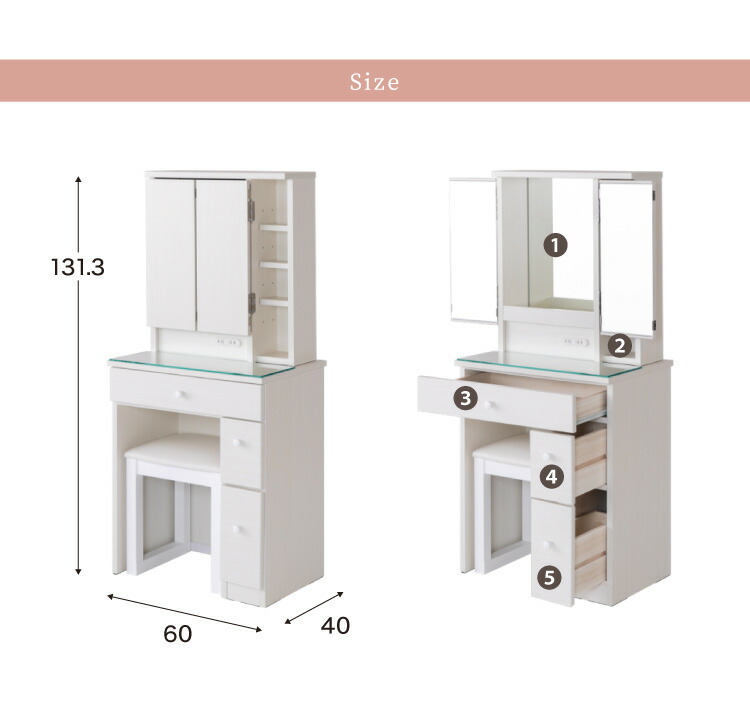 SALE／61%OFF】 ドレッサー デスク 三面鏡 幅60cm 完成品 かわいい 収納 コンセント付き スツール付き 椅子付き ガラス天板 棚 北欧  モダン おしゃれ コンパクト 化粧台 メイク台 引き出し 姫系 鏡台 3面鏡 可愛い 代引不可 fucoa.cl