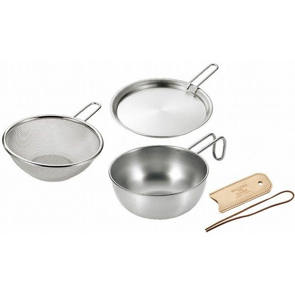 日本製 燕三条 シェラカップ・ボウル15cm &手付きザル・蓋トレー (レザーカバー付)(代引不可)【送料無料】