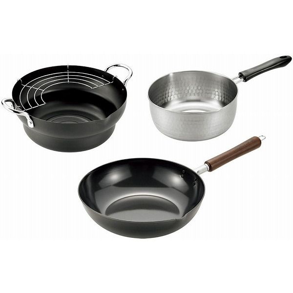 日本製 燕三条 木柄いため鍋27cm&天ぷら鍋24cm&ゆきひら鍋20cm(代引不可)【送料無料】