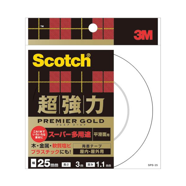 (まとめ) 3M スコッチ 超強力両面テープ プレミアゴールド （スーパー多用途） 25mm×3m SPS-25 1巻 【×10セット】 11,294円