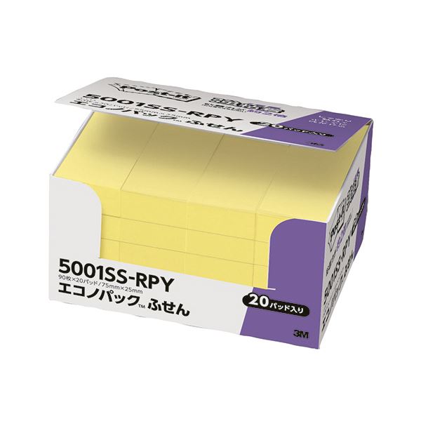 (まとめ) 3M ポストイット エコノパック 強粘着ふせん 75×25mm イエロー 5001SS-RPY 1パック（20冊） 【×5セット】