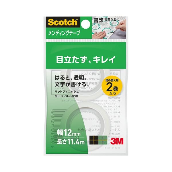 (まとめ) 3M スコッチ メンディングテープ 詰替12mm×11.4m CM12-R2P 1パック(2巻) 【×30セット】