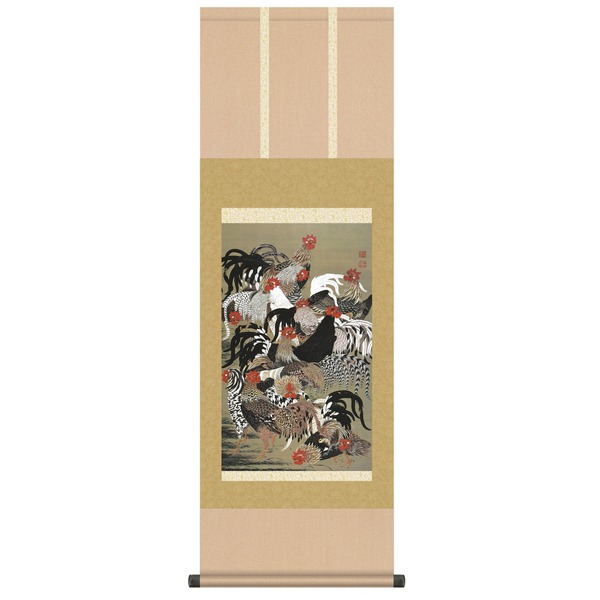 【干支掛軸】【動植綵絵掛軸】干支の掛軸・鳳凰・鶴・鶏■伊藤若冲 尺三掛軸 (群鶏図) (代引不可)|リコメン堂ホームライフ館
