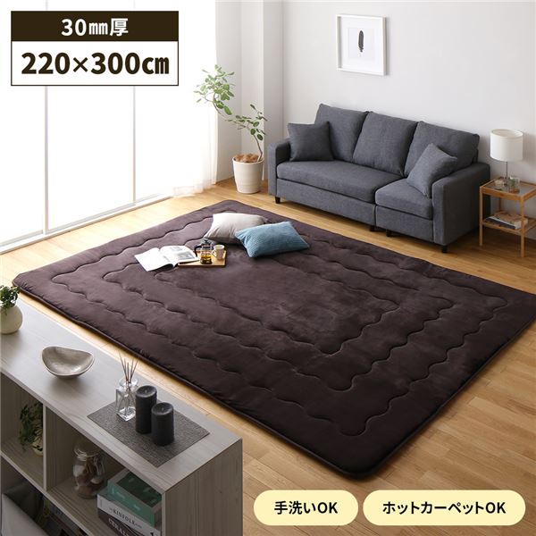 ラグマット こたつ敷布団 約220&times;300cm 大判 ブラウン 長方形 洗える ホットカーペット可 クッション性 保温性 防音性 弾力性 裏面すべり止め付き こたつ敷き布団 フロアマット 敷物【代引不可】｜リコメン堂ホームライフ館