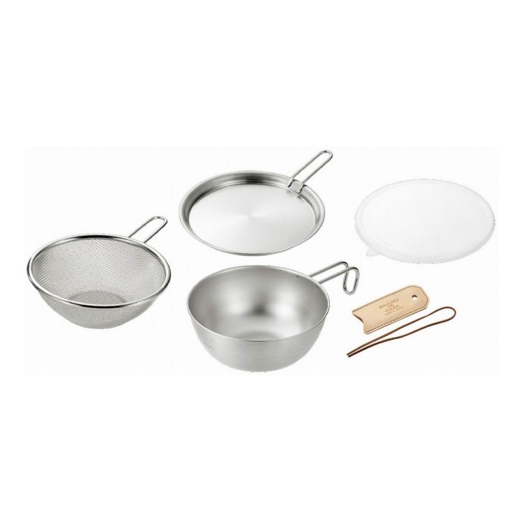 よこやま シェラカップ・ボウル18cm&手付きザル・蓋トレー・シリコン蓋・レザーカバー付き EJSB-950(代引不可)【送料無料】