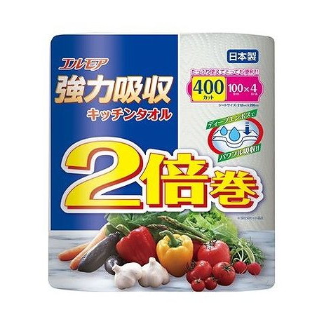 【単品6個セット】 カミ商事 エルモア 強力吸収キッチンタオル 2倍巻 4ロール 2枚重ね×100カット(代引不可)【送料無料】