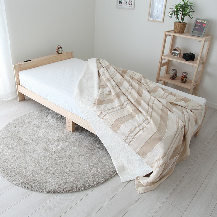 天然木 コンセント付き ひのき 棚付き 檜 ヒノキ すのこベッド マットレスセット 木目調 シンプル ベッドフレーム マットレス(代引不可)【送料無料】