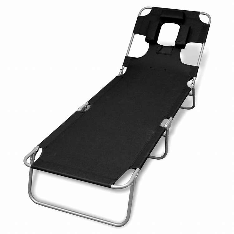vidaXL 折りたたみ式サンラウンジャー ヘッドクッション付き 粉体塗装スチール製 ブラック家具 アウトドア家具 屋外椅子 サンラウンジャー(代引不可)
