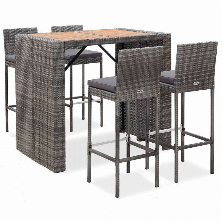 vidaXL 屋外バー5点セット ポリラタン&アカシア材 グレー家具 アウトドア家具 屋外家具セット(代引不可)|リコメン堂ホームライフ館