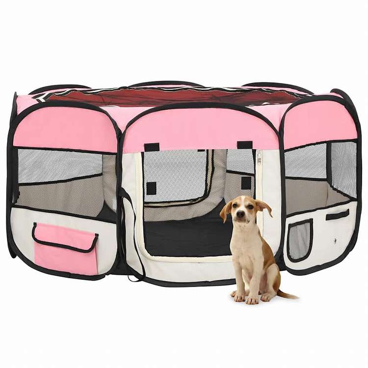 vidaXL 折りたたみ式 犬用プレイサークル キャリーバッグ付き ピンク 145x145x61cm動物\u0026ペット用品 ペット用品 犬用品 犬小屋・ドッグラン(代引不可)