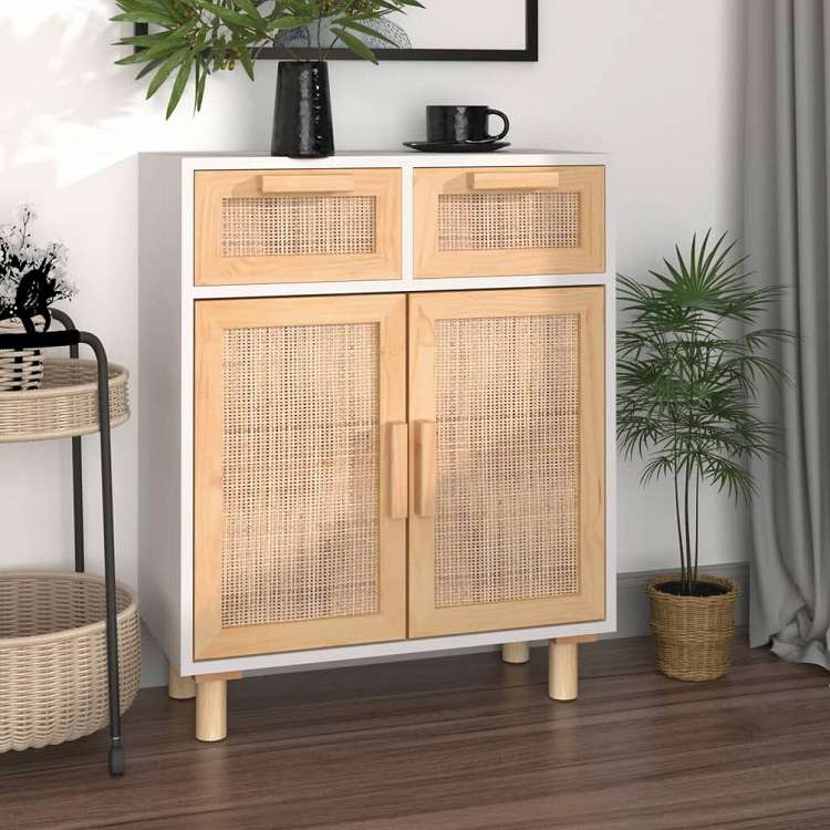 vidaXL サイドボード ホワイト 60x30x75 cm パイン無垢材&天然ラタン家具 キャビネット&収納 サイドボード(代引不可)|リコメン堂ホームライフ館