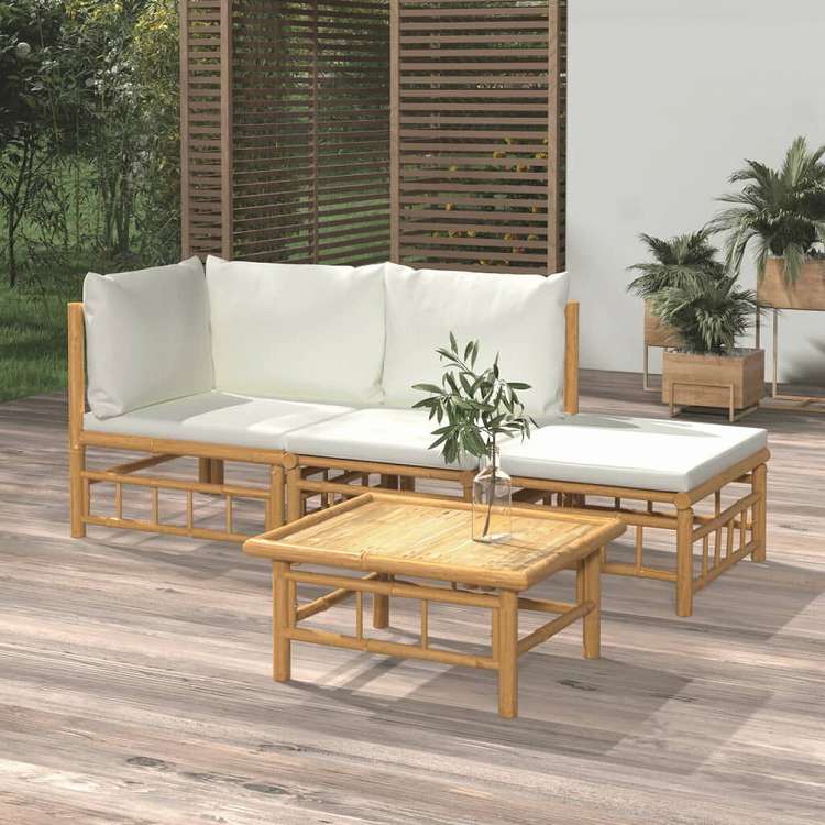 vidaXL ガーデンラウンジ4点セット クリームホワイトクッション付き 竹製家具 アウトドア家具 屋外家具セット(代引不可)|リコメン堂ホームライフ館