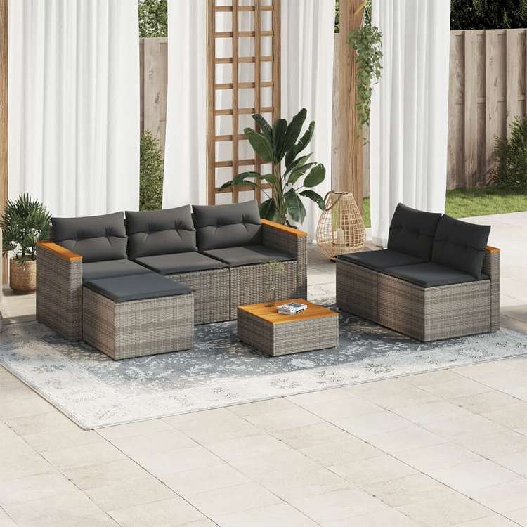 vidaXL ガーデンソファ5点セット クッション付き グレー ポリラタン アカシア木材家具 アウトドア家具 屋外家具セット(代引不可)｜リコメン堂ホームライフ館