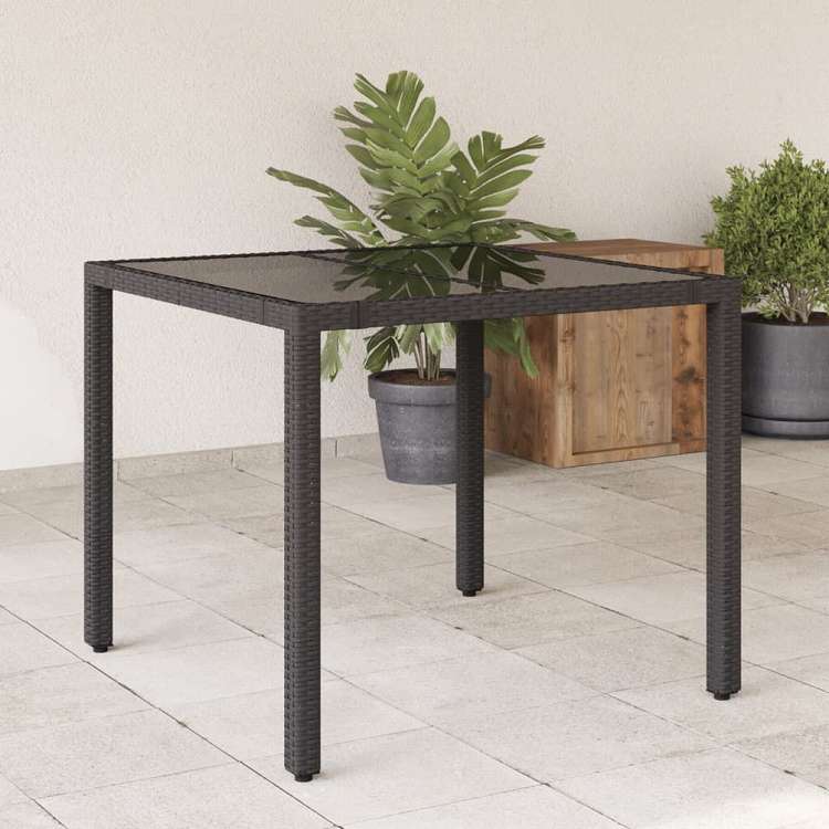 vidaXL ガーデンテーブル ガラストップ付き 90x90x75 cm ポリラタン製 ブラック家具 アウトドア家具 アウトドアテーブル(代引不可)