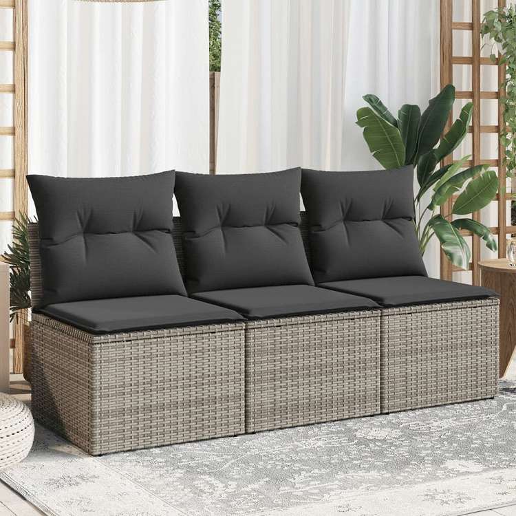 vidaXL ガーデンソファ クッション付 3人掛け グレー ポリラタン家具 アウトドア家具 屋外椅子 屋外ソファ(代引不可)