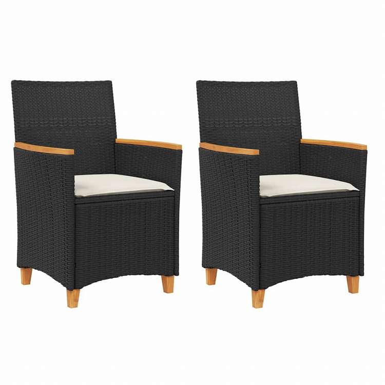 vidaXL ガーデンチェア クッション付き 2点 ブラック ポリラタン&無垢材家具 アウトドア家具 屋外椅子 アウトドアベンチチェア(代引不可)