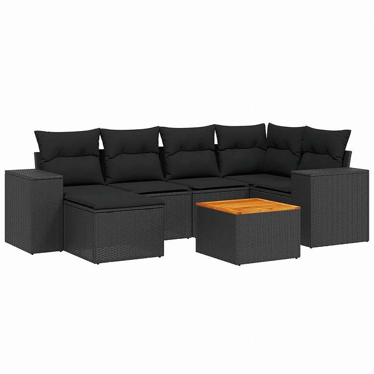 vidaXL 7点セット ガーデンソファセット クッション付き ブラック ポリラタン家具 アウトドア家具 屋外家具セット黒(代引不可)【送料無料】｜リコメン堂ホームライフ館