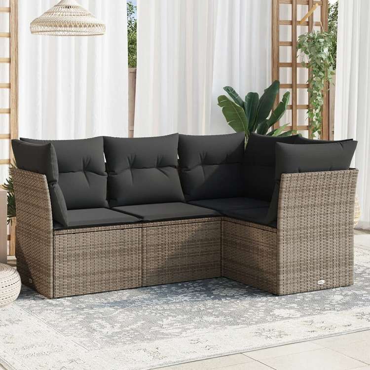vidaXL ガーデンソファ4点セット クッション付き 灰色 ポリラタン製家具 アウトドア家具 屋外家具セット(代引不可)|リコメン堂ホームライフ館