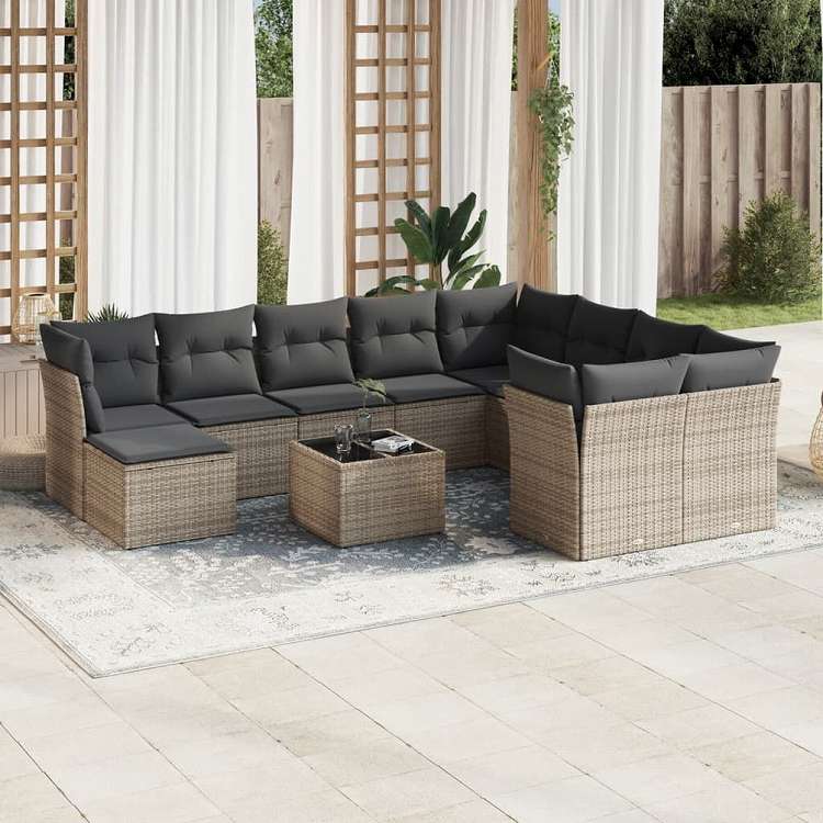 vidaXL ガーデンソファ11点セット クッション付き ポリラタン製 グレー家具 アウトドア家具 屋外家具セット(代引不可)|リコメン堂ホームライフ館