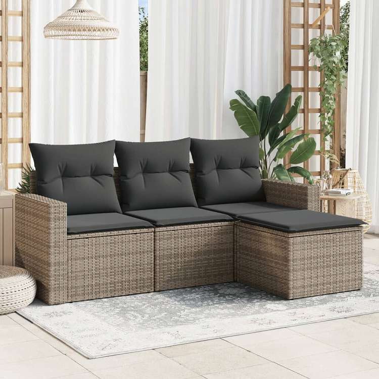 vidaXL ガーデンソファ4点セット クッション付き 灰色 ポリラタン製家具 アウトドア家具 屋外椅子 屋外用組み合わせソファセット(代引不可)|リコメン堂ホームライフ館