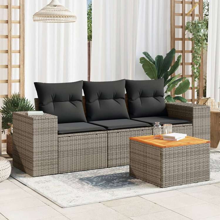 vidaXL ガーデンソファ4点セット クッション付き 灰色 ポリラタン製家具 アウトドア家具 屋外家具セット(代引不可)|リコメン堂ホームライフ館