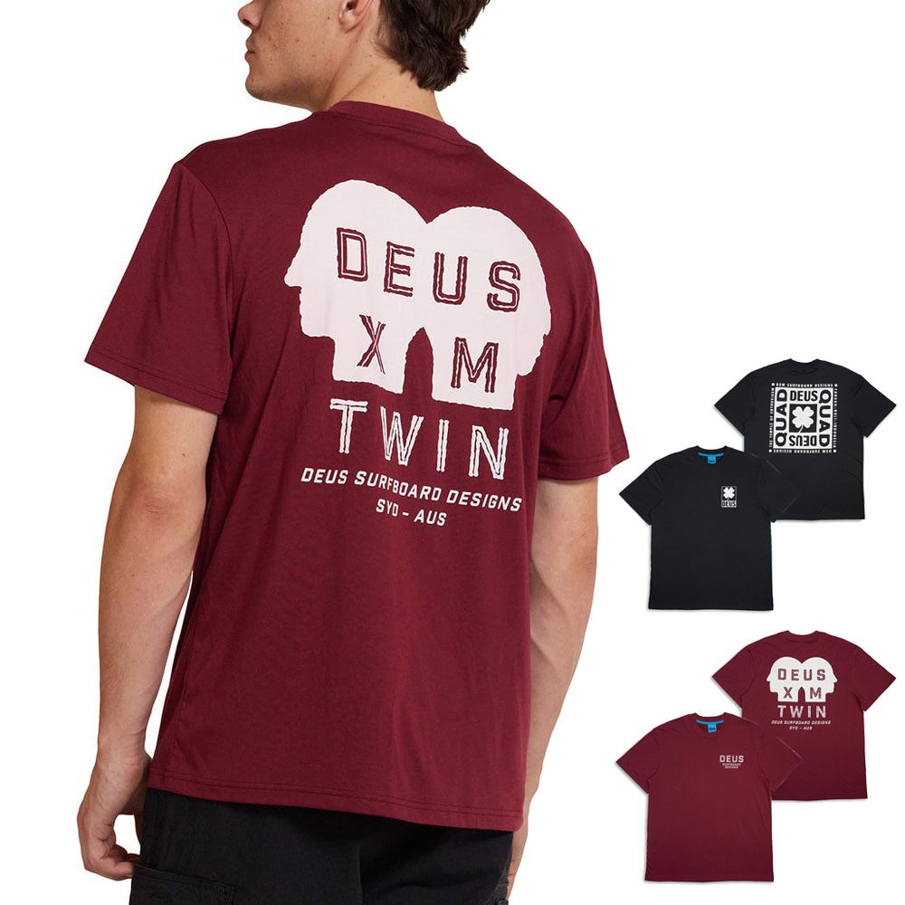 【今だけ5%OFFセール】デウス エクス マキナ Deus ex Machina Tシャツ ツイン クアッド ティーシャツ Twin Tee Quad Tee DMF241739【メンズ L XL】【速乾Tシャツ バックプリント ボックスシルエット サーファー バイカー アメカジ 定番 ワインレッド ブラック 黒】