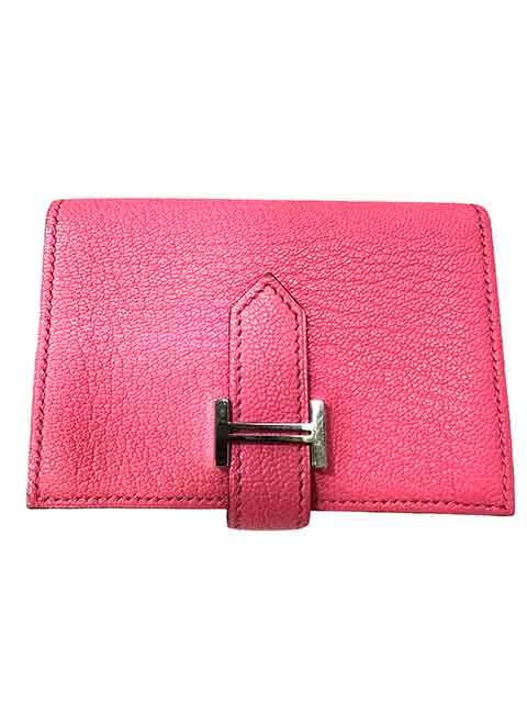 【中古】【難あり】HERMES エルメス 小物 歌留多入れもの 名刺入れ ２つ折り ベアン ローズショッキング サクラ色 しろがね色金具 ※退色あり