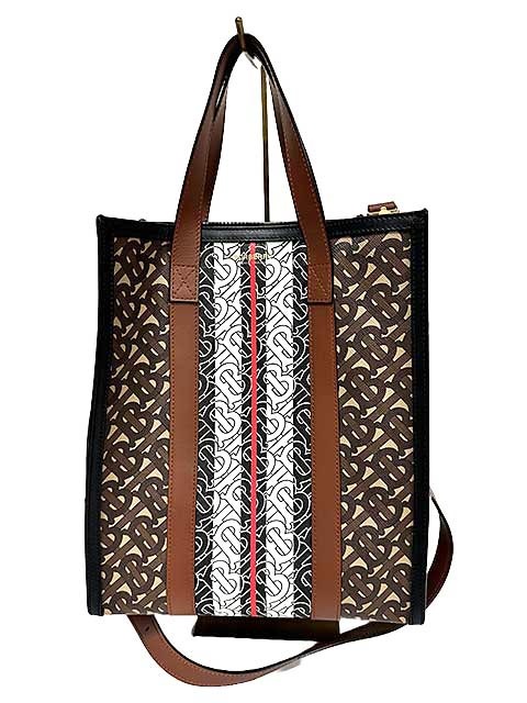 【中古】BURBERRY バーバリー 8024294 スモール モノグラムストライプ Eキャンバス ポートレート トートバッグ ショルダーバッグ