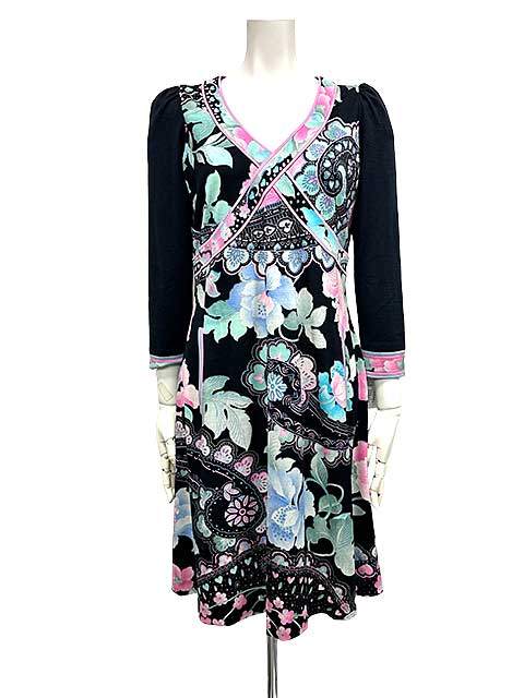【中古】　LEONARD FASHION　レオナールファッション　ワンピース　ネイビー　11号　Lサイズ　ウール　秋冬　七分袖丈
