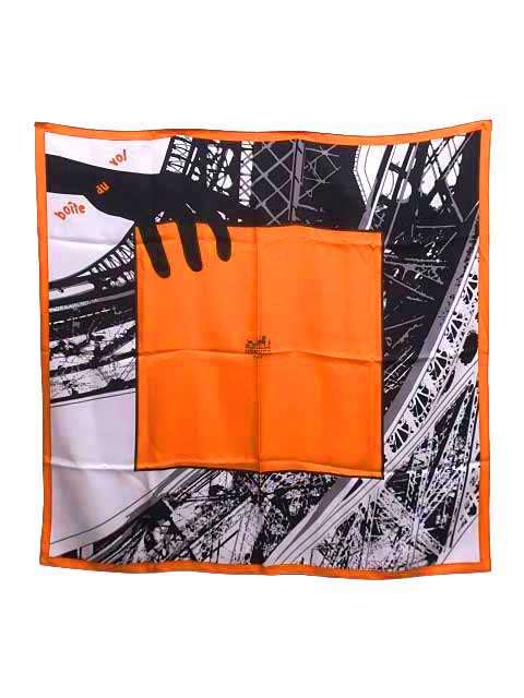 【中古】【美品】HERMES エルメス えり巻き 地絹えり巻き  空飛ぶ箱 オレンジ色 滅多に無い