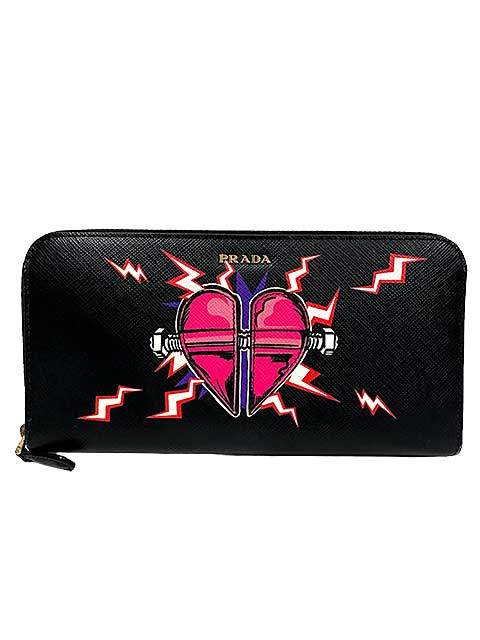 【中古】PRADA プラダ 小物 紙入れ 長紙入れ ユニバーサルスタジオコラボ フランケンシュタイン ハート形 サフィアーノ ラウンドジッパー