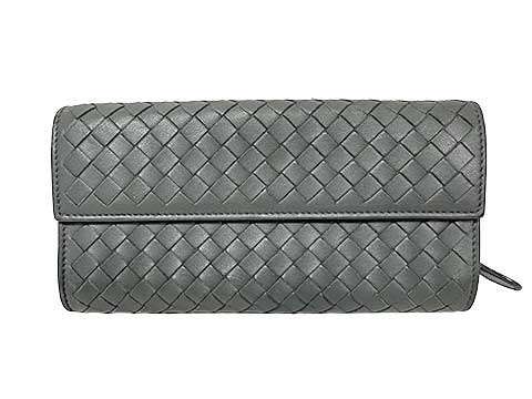 【中古】BOTTEGA VENETA ボッテガ・ヴェネタ 二折長紙入れ イントレチャートラムレザー 暗灰色薄墨色
