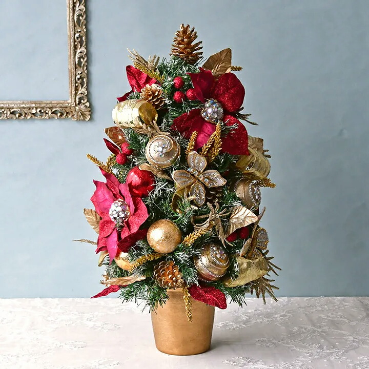 ゴールドレッド ポインセチアポットツリー<br><br>クリスマスツリー ツリー アンティーク シャビー シャビーシック ディスプレイ クリスマス インテリア ショップ プレゼント ギフト おしゃれ かわいい 飾り 飾り付き 卓上 玄関 北欧 輸入雑貨 送料無料<br>RE11044